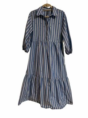 Anthropologie Bettina Blue&White Striped Tiered Dress w/Embellishments MED
